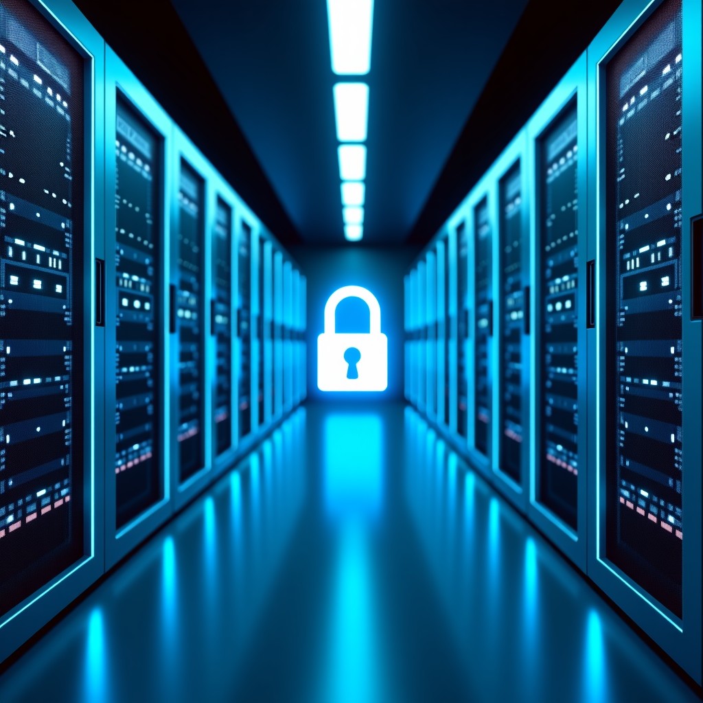 A futuristic high-security data center with rows of glowing server racks and digital lock icons overlaying the scene. Cold blue and silver tones, high-tech atmosphere, realistic photography. 4:3