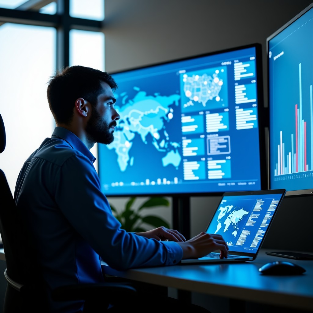 A professional software engineer working with complex data visualizations on multiple holographic screens, focusing on advanced coding and architectural design, clean office environment, natural lighting, 4:3