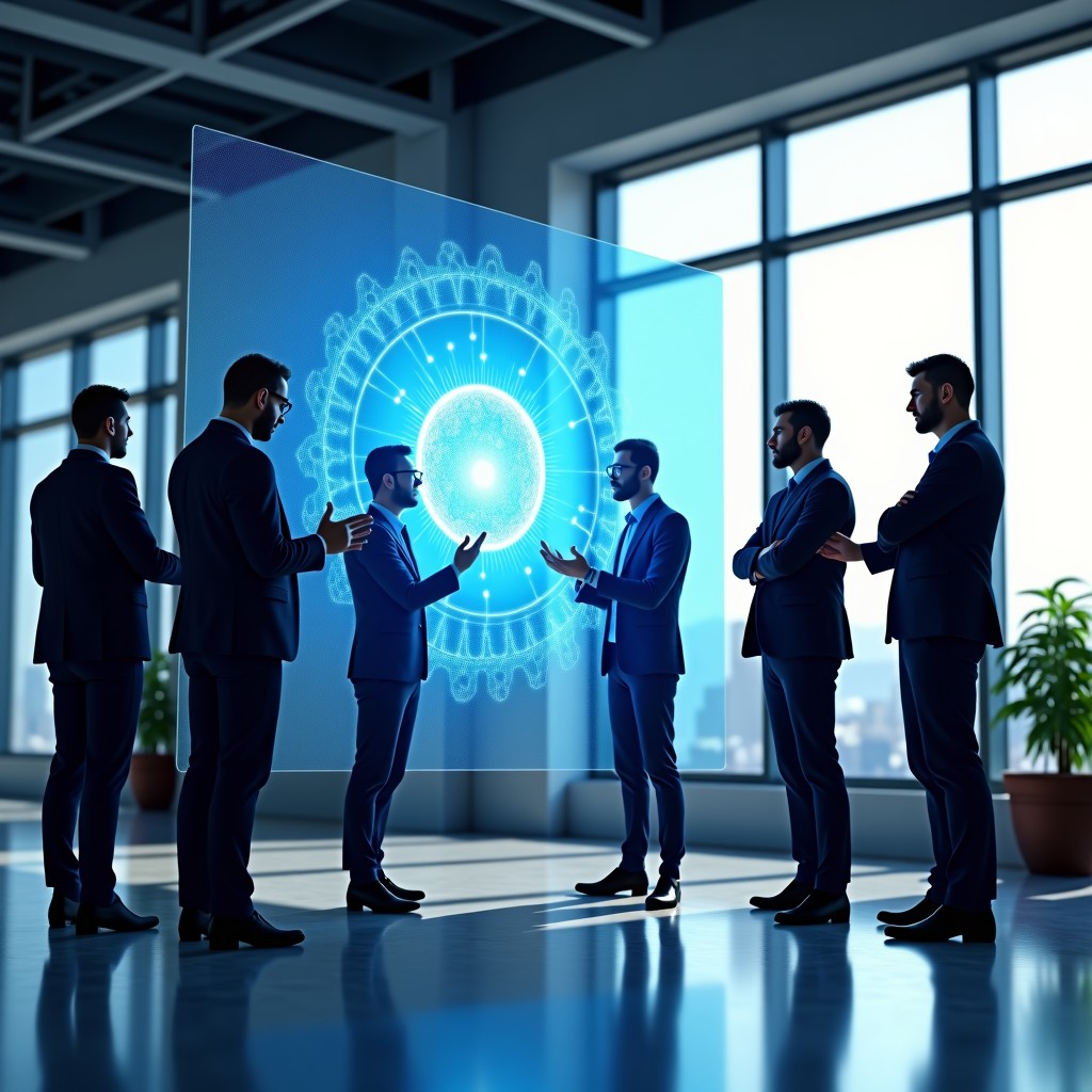 A small group of diverse, professional engineers collaborating closely around a large holographic display of a complex neural network. Natural sunlight streaming through a large window of a tech hub. 4:3