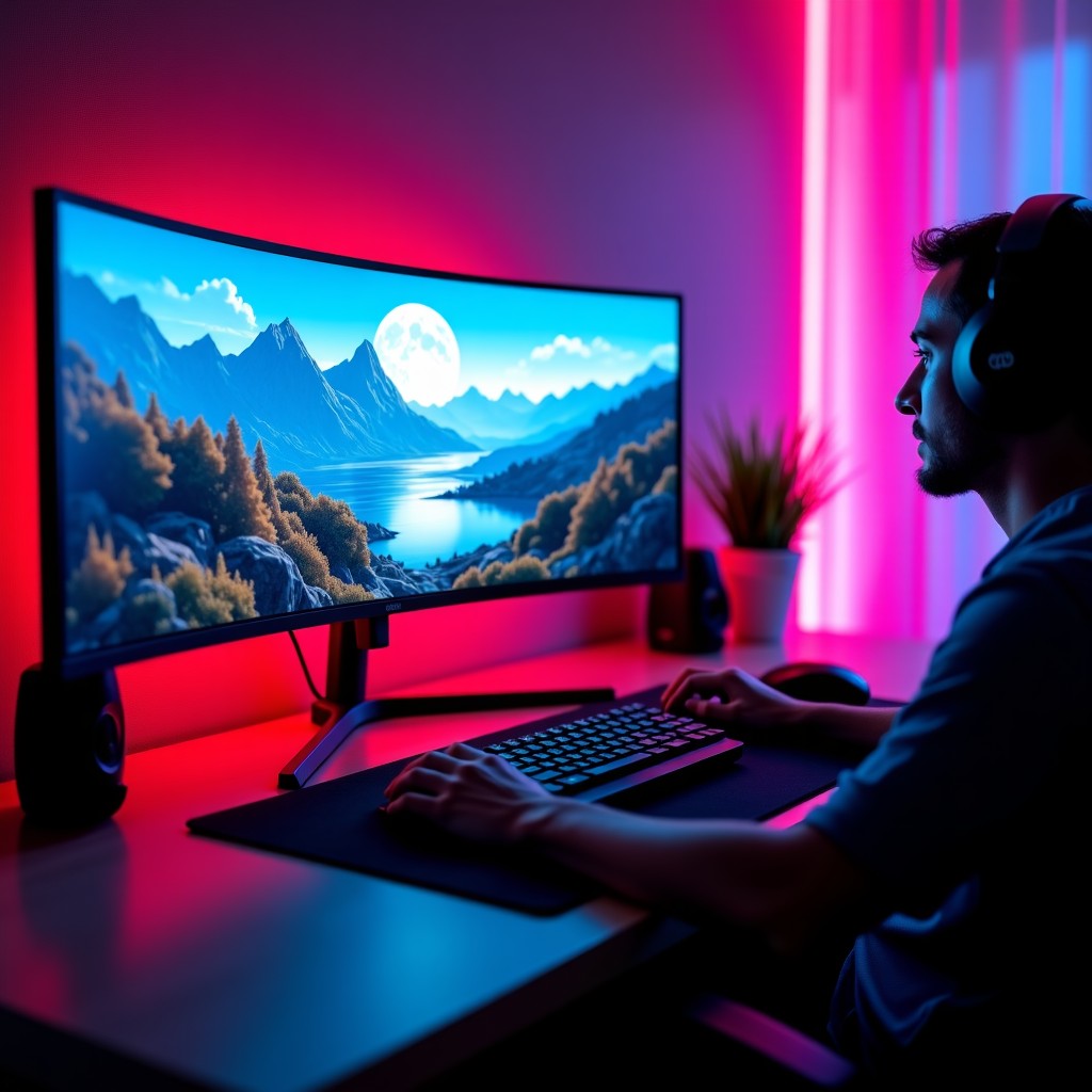 A high-end gaming setup with a curved monitor displaying a detailed 3D game, neon ambient lighting, professional gaming room atmosphere, 4:3