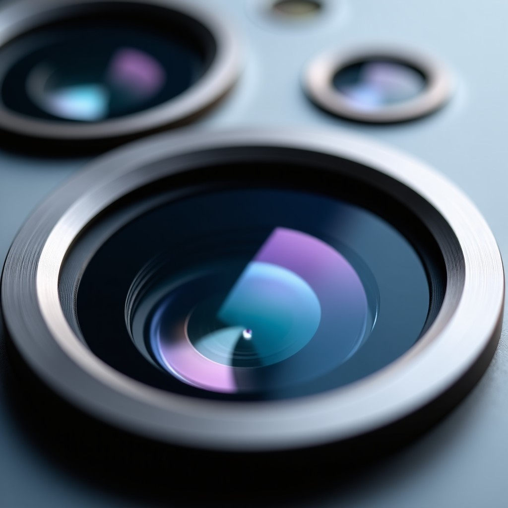 Close-up macro shot of a smartphone camera lens system. The lenses are multi-layered with professional coatings. The surrounding frame has a brushed metal texture. High-tech and premium aesthetic. 4:3
