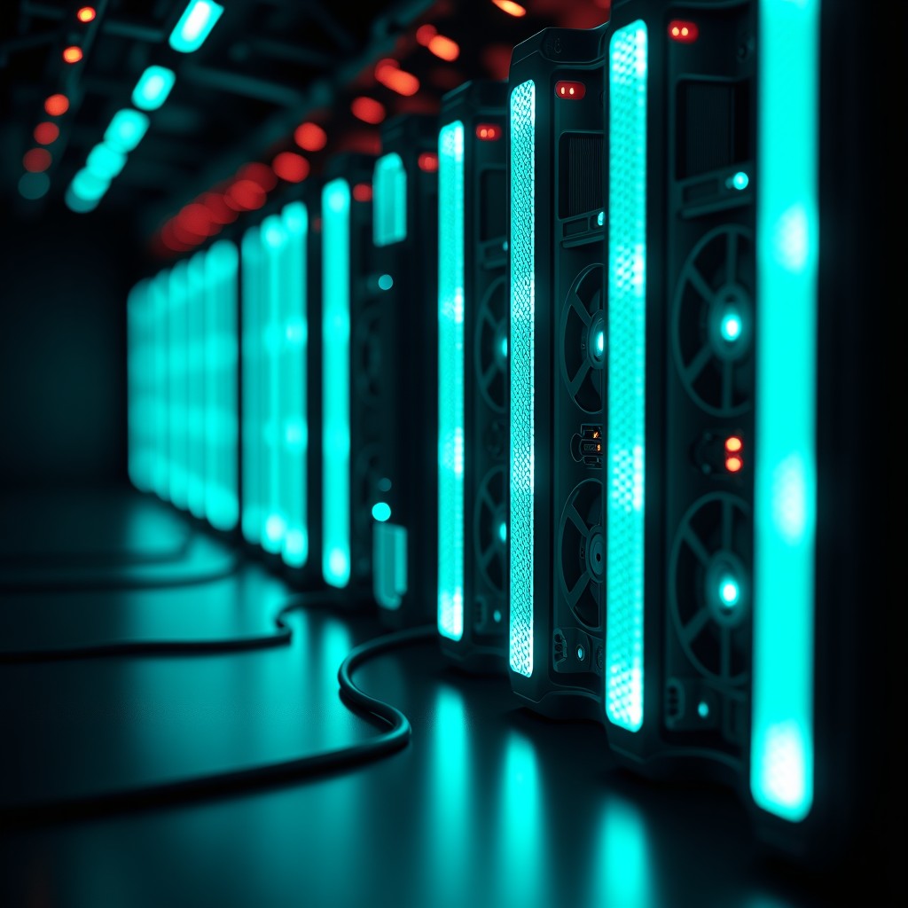 High performance GPU server array with glowing cyan liquid cooling pipes, detailed hardware components, cinematic lighting, tech focused composition, 4:3