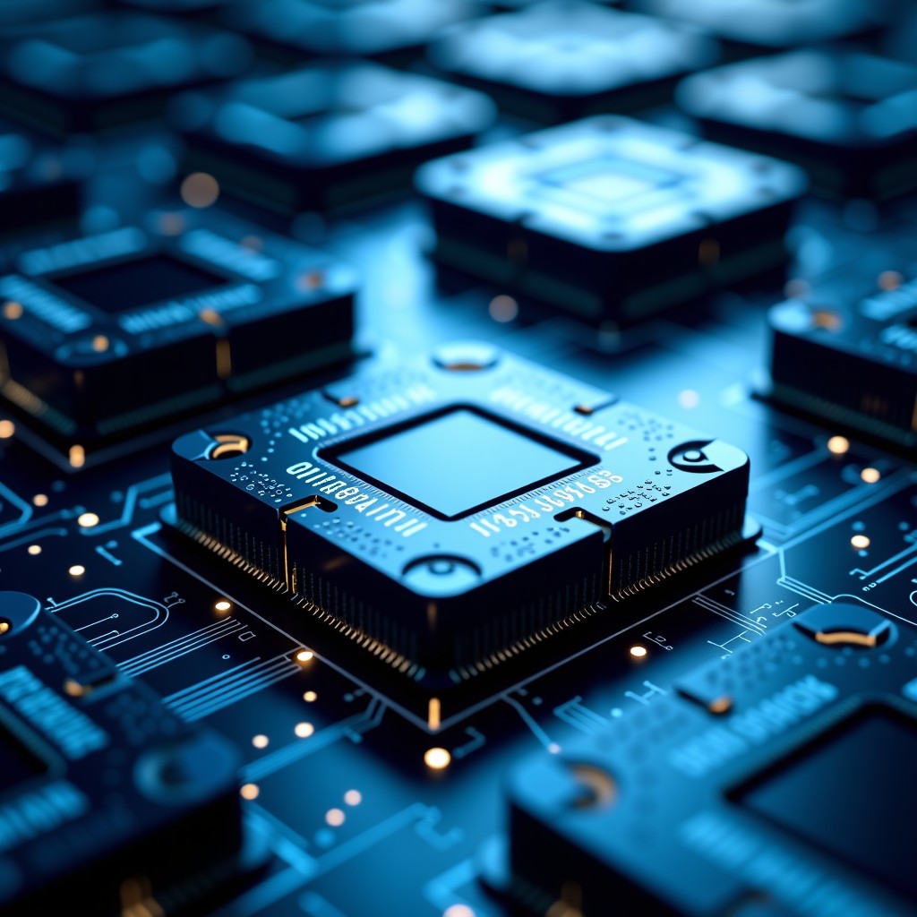 Close-up of high-performance GPU units and AI processing chips inside a server. Detailed circuit boards with glowing data flow lines. Realistic and tech-focused lighting, 4:3