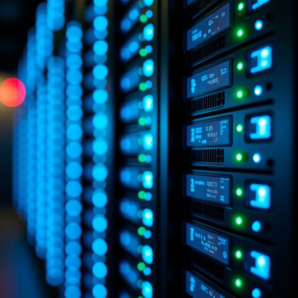 Close-up shot of a high-tech data center server rack with glowing blue and green status lights. The focus is on the advanced processing units. Highly detailed and realistic texture. 4:3