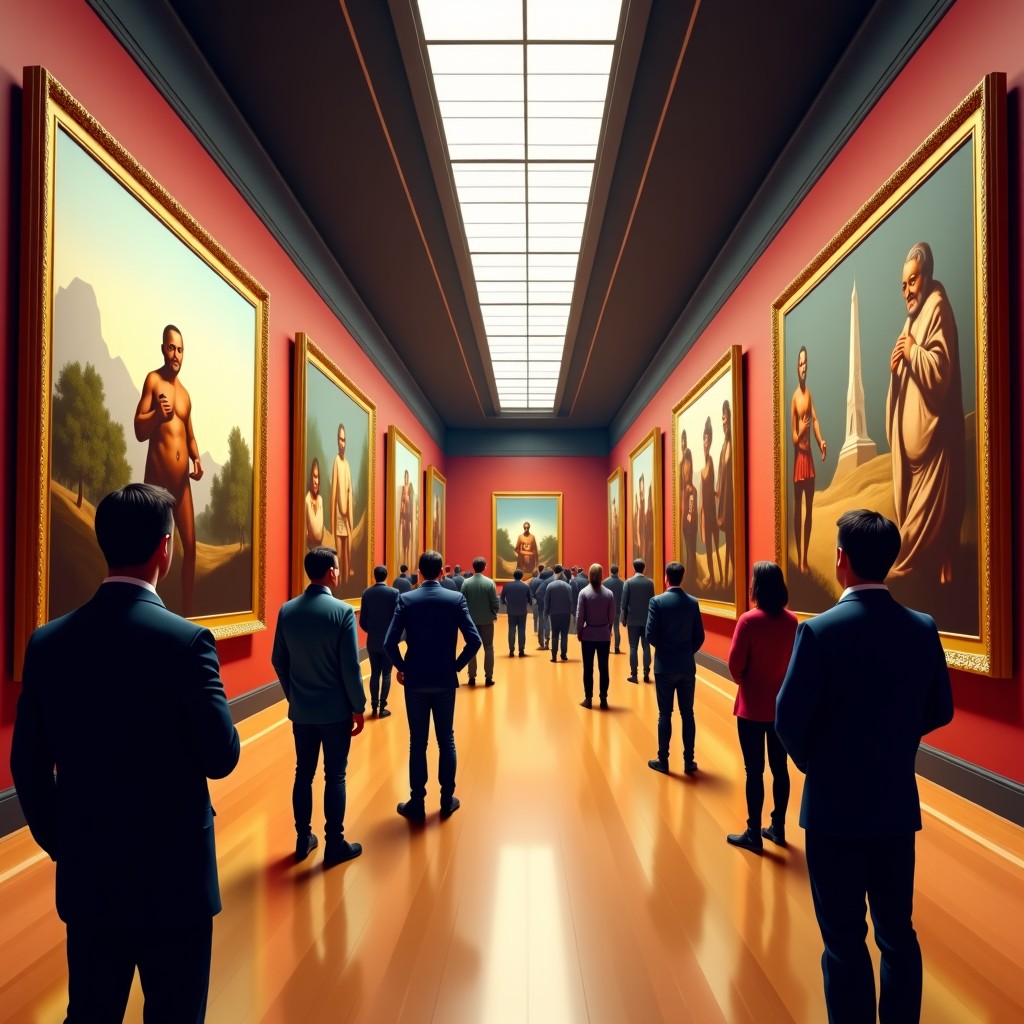 A wide-angle view of a classic art museum corridor with tall ceilings and ornate gold frames. Visitors are looking at large paintings on the walls. Balanced lighting and rich colors of the artworks. 4:3