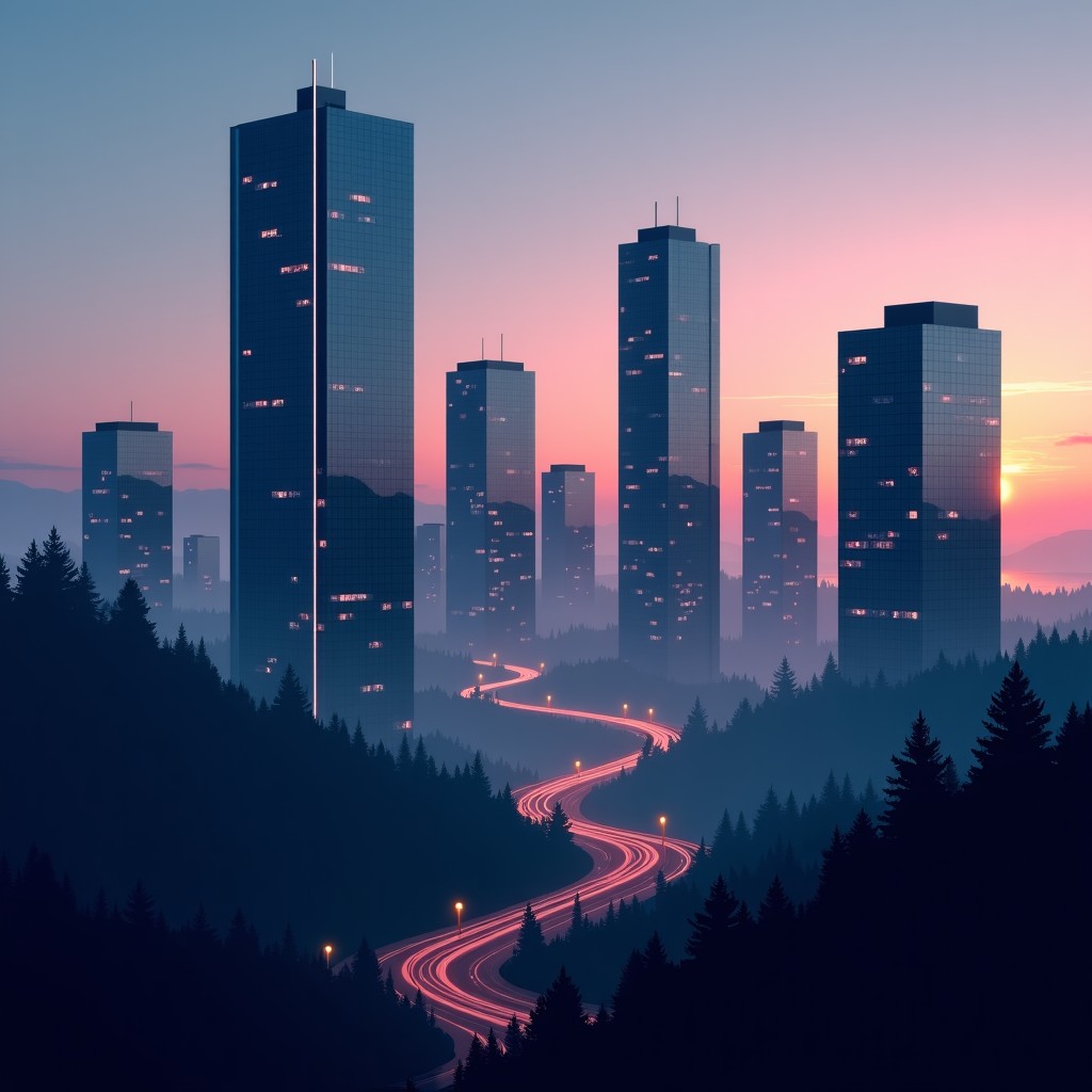 Modern glass skyscrapers of Silicon Valley at dusk, long dramatic shadows stretching across the ground, a sense of mystery and hidden secrets, moody atmosphere, cinematic wide shot, 4:3