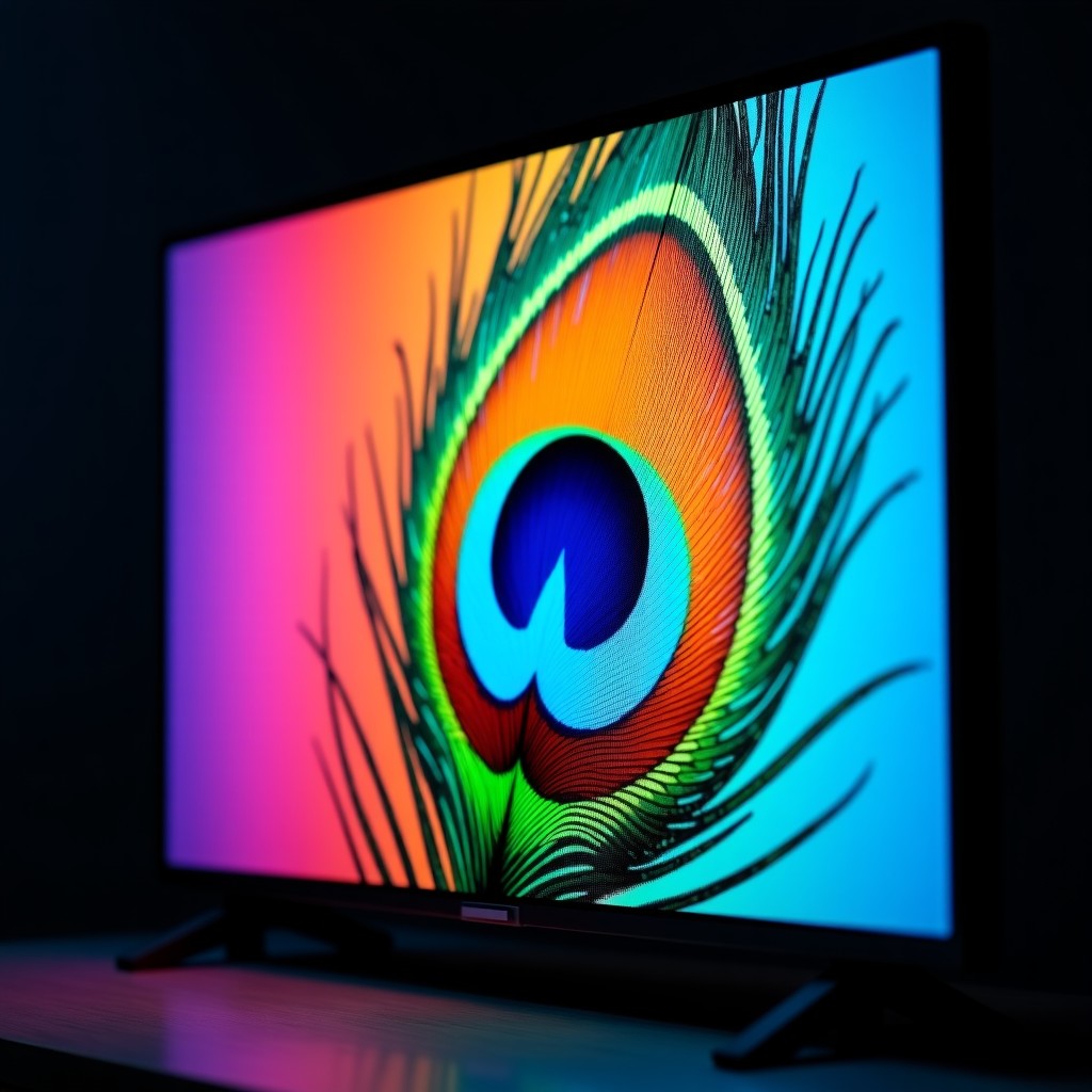 A macro close-up shot of a high-end television screen displaying a colorful peacock feather with incredible detail and rich contrast. 4:3
