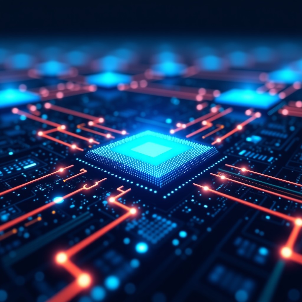 A detailed composition of high-speed digital data flowing through a network of processors and glowing light paths. Abstract representation of computing power and speed. Dynamic and tech-oriented visual, 4:3.