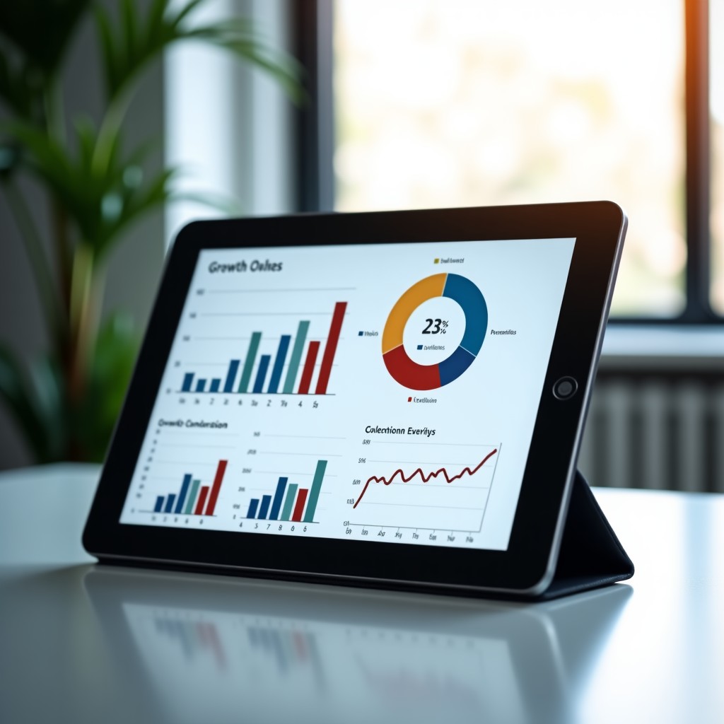 A sleek tablet screen displaying growth charts and lead conversion data in a bright minimalist office, high contrast, professional photography style, 4:3
