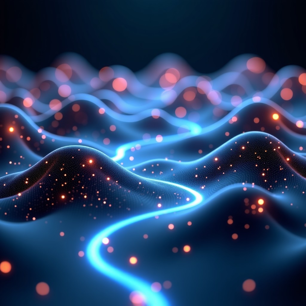 A futuristic 3D digital landscape being constructed by glowing interconnected nodes and lines, representing spatial intelligence and world models, high contrast, cinematic lighting, modern technology aesthetic, no text, 4:3