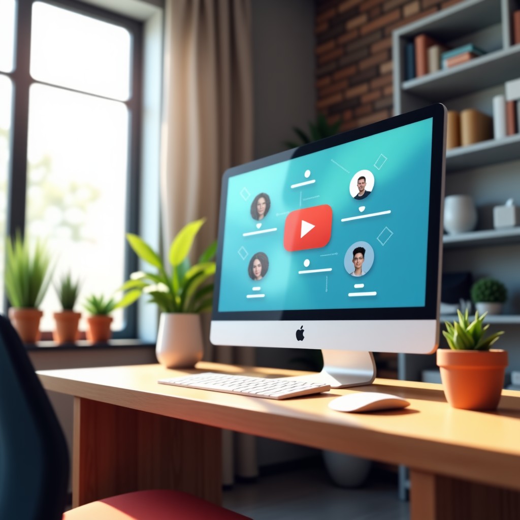 Modern spatial computing user interface with semi-transparent floating panels in a cozy home office. YouTube-style video thumbnails and playback controls arranged in 3D space. 4:3