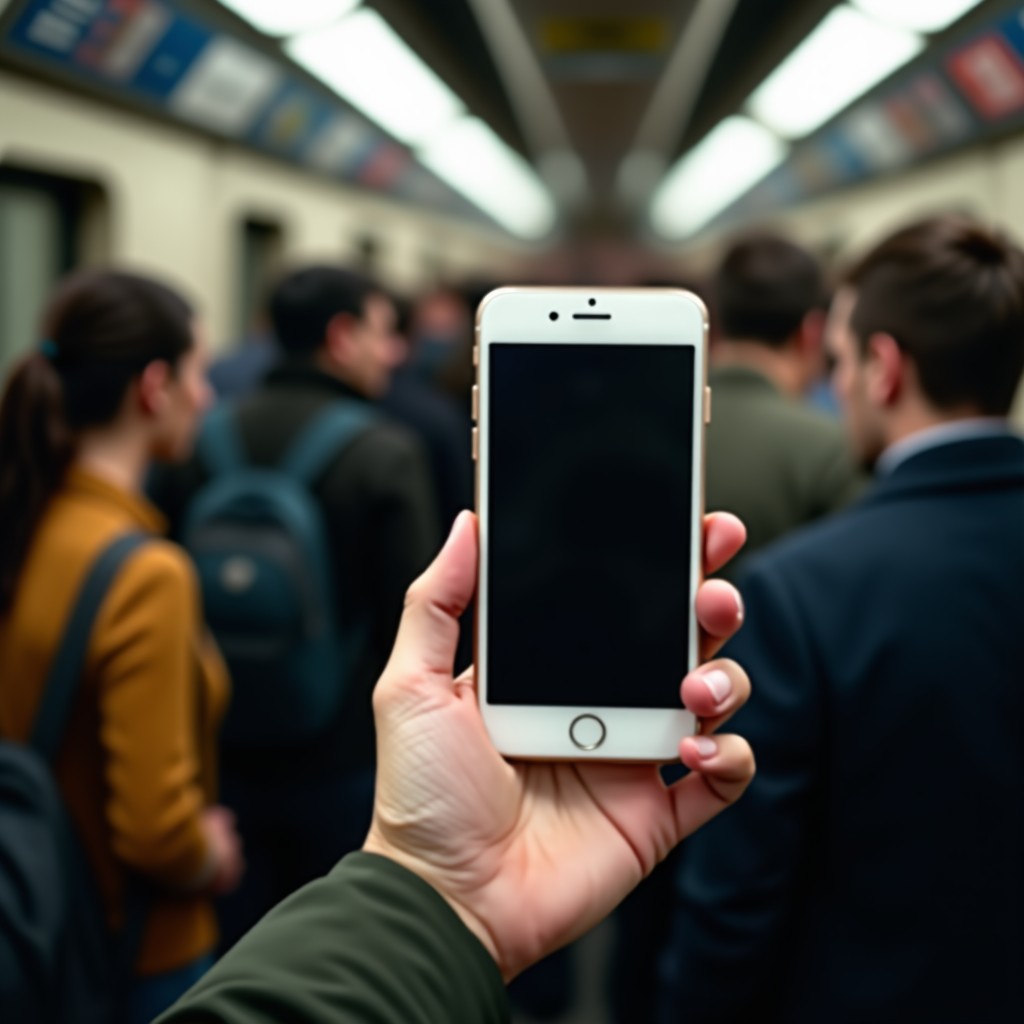 A person holding a smartphone in a crowded subway station. The screen is clear to the user but looks dark and obscured from a side angle. Realistic urban setting with natural afternoon light. No text on the screen. 4:3
