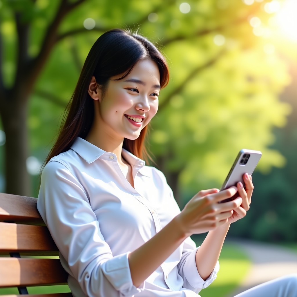 A Korean woman sitting on a wooden bench in a sunny park holding a smartphone and looking at the screen with a satisfied expression. The background is filled with green trees and soft sunlight. 1:1