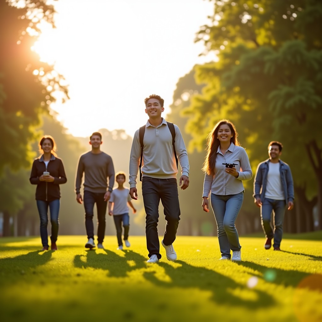 A group of diverse people including a Korean man and woman enjoying drone flying in a sunny green park, natural lifestyle photography, warm sunlight, 4:3