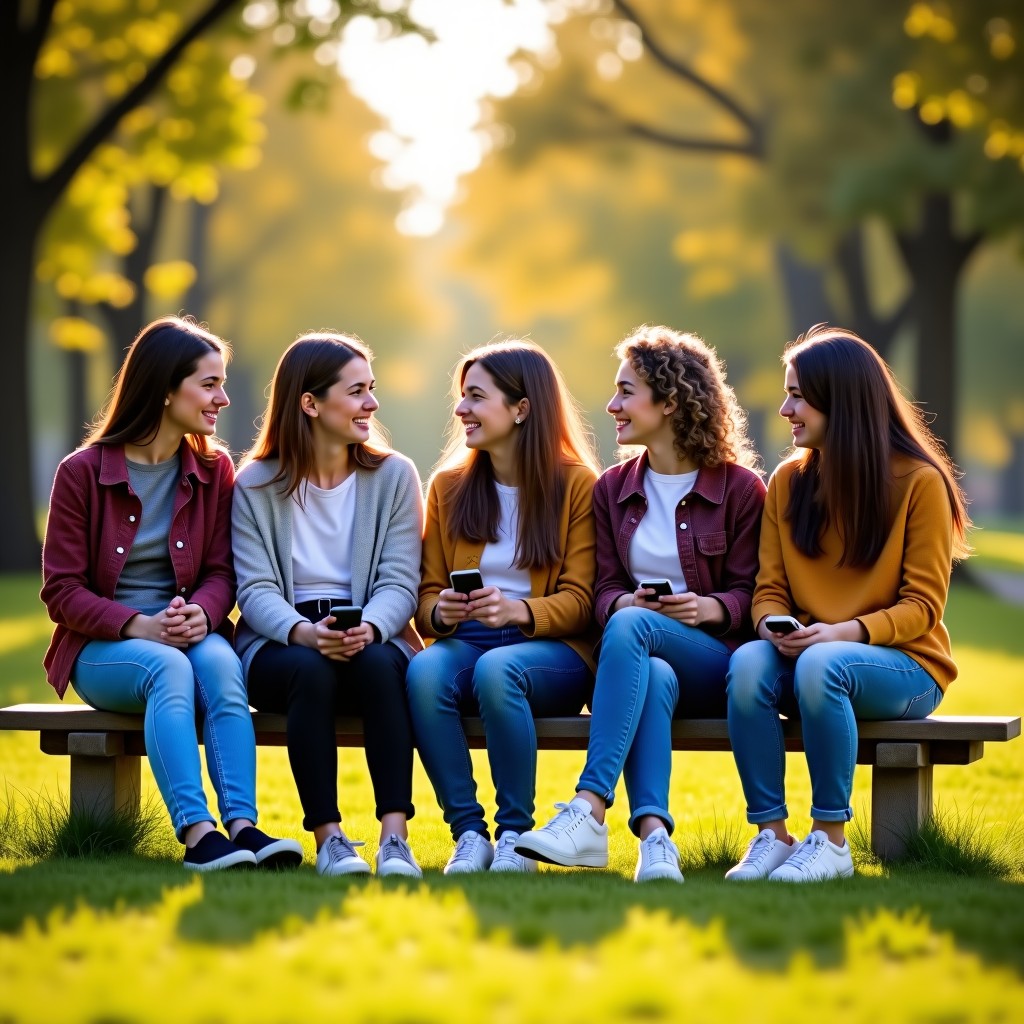 A group of diverse teenagers sitting on a wooden bench in a sunny park in Denmark. They are talking and laughing together without any smartphones in their hands. Natural lifestyle photography with warm lighting. 4:3