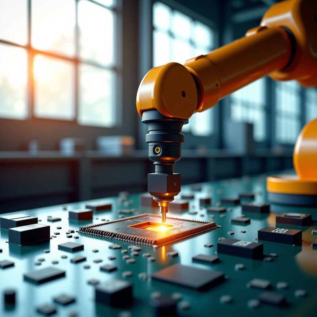 Realistic photography of a high-precision robotic arm working on a circuit board in a clean modern factory, warm natural sunlight through windows, shallow depth of field, 4:3