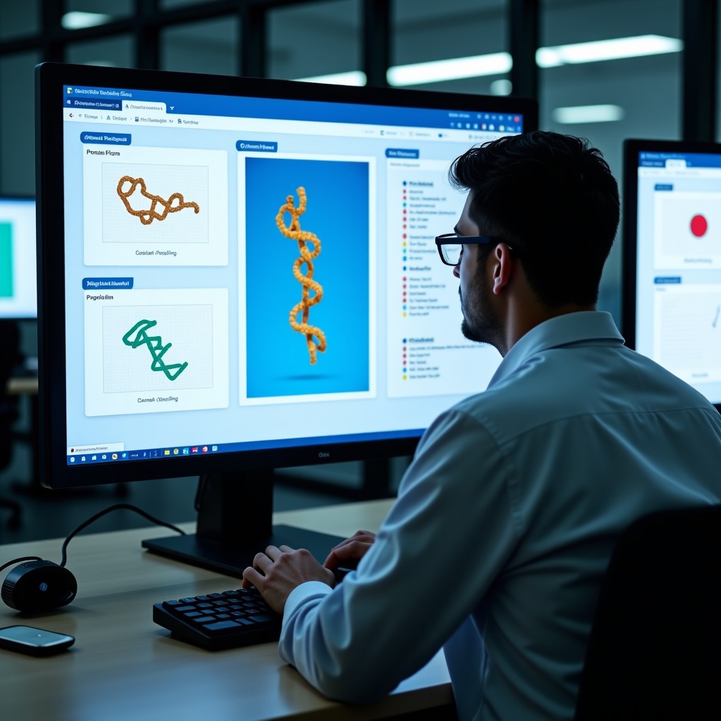 A laboratory setting where a scientist monitors protein folding simulations on a high-tech interface. The screen shows clear logical steps and data sources. Natural setting, balanced lighting, 4:3