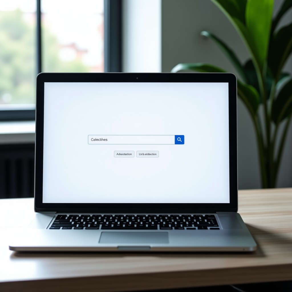 A clean and modern digital interface of an AI search engine on a sleek laptop screen, showing no advertisements, minimalist design, high-tech office background, soft natural lighting, 4:3