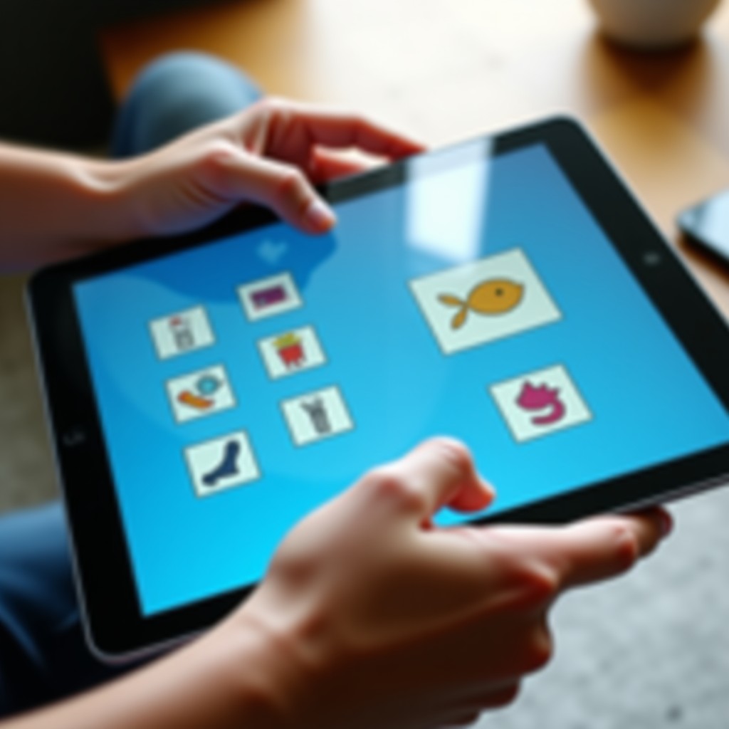 Close up of a person hands using a tablet displaying a clean educational interface with simple icons. The lighting is bright and professional. No text is visible on the screen. 1:1