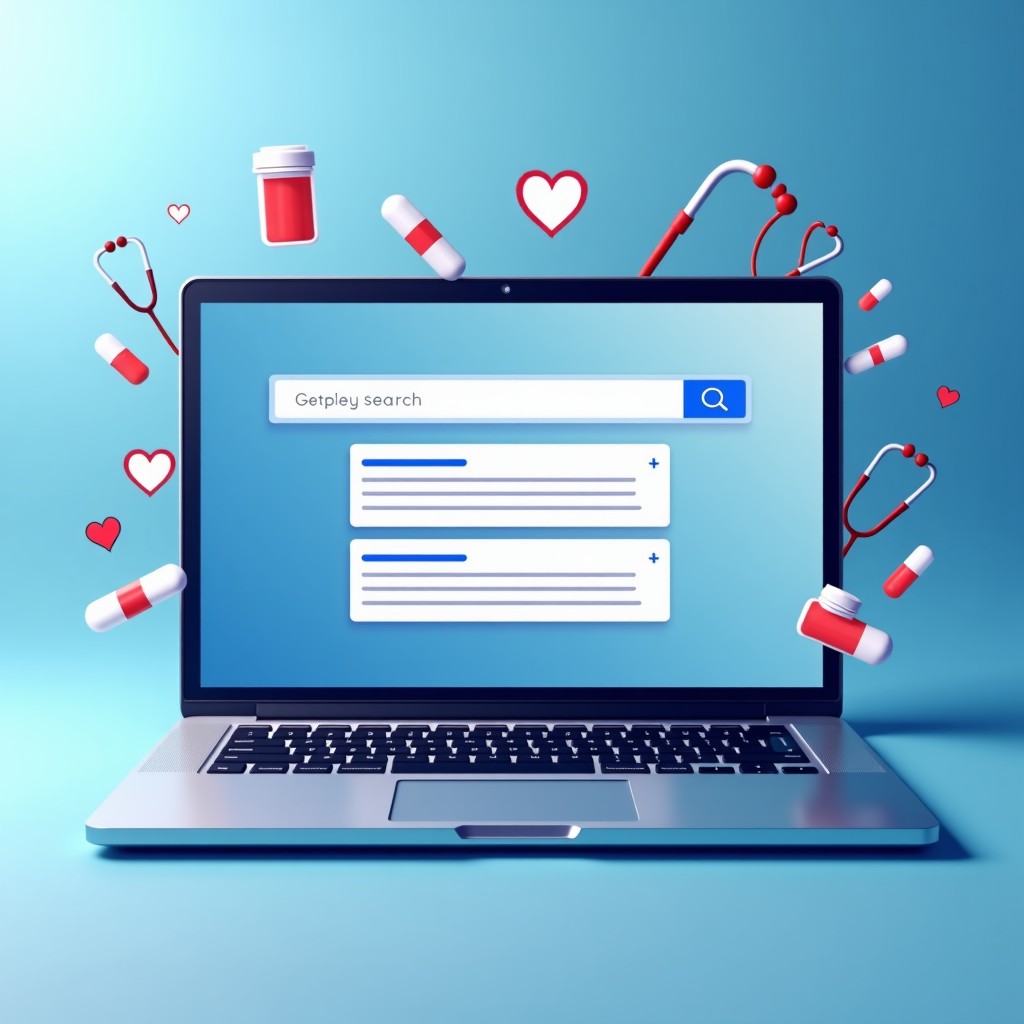 A sleek laptop screen displaying a search engine interface with AI-generated text about health topics, surrounded by floating medical icons like stethoscopes and pill bottles, modern digital aesthetic, 4:3