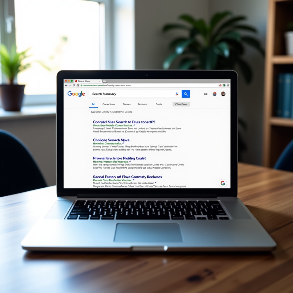 A modern laptop displaying a Google Search results page with a prominent AI-generated summary at the top. The summary contains clear, highlighted blue links and small preview icons. The lighting is bright and professional, showing a clean home office environment. 4:3