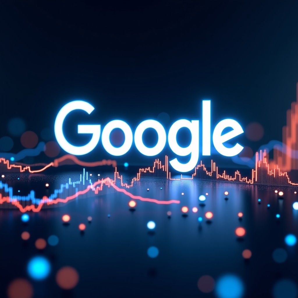 A futuristic digital background showing the Alphabet Google logo integrated with glowing financial charts and abstract data lines, high contrast, modern corporate style, 4:3