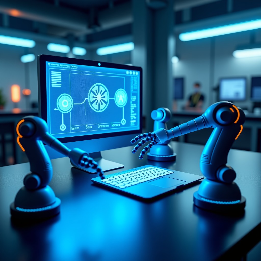 A clean infographic showing a futuristic AI software interface controlling various robotic arms in a high-tech laboratory setting, glowing blue lines connecting software nodes to physical hardware, sleek and modern design, 4:3