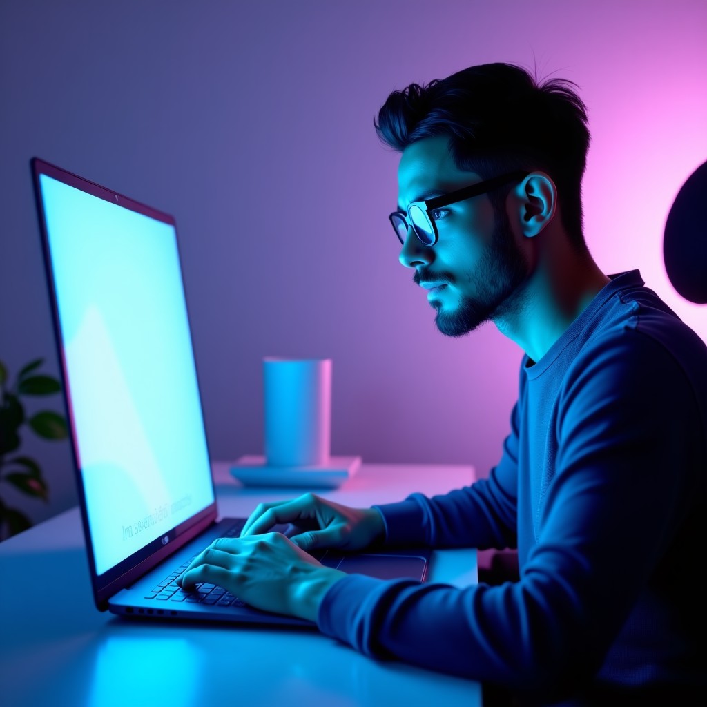 A modern software developer using Google Antigravity platform on a sleek laptop, integrated with Gemini AI, glowing blue and purple ambient light, futuristic coding environment, clean minimalist desk, high resolution, 4:3