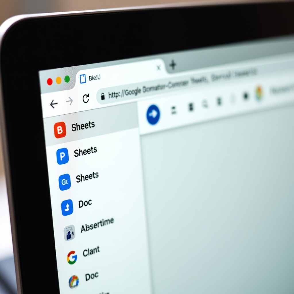 Close up of a computer screen showing Google Workspace interface like Sheets and Docs with a sidebar for an AI assistant. High contrast and clean layout. 4:3