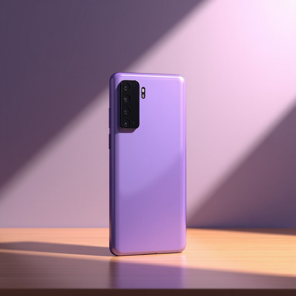 A sleek modern smartphone with a flat back design, displayed in Lavender and Berry colors, sitting on a wooden table with soft natural lighting, high resolution, minimalist aesthetic. 4:3