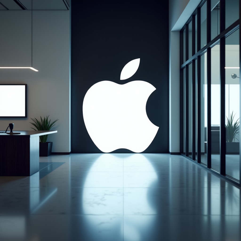 A sleek modern office interior with the Google and Apple logos subtly integrated into the design. High-tech atmosphere with soft lighting and a focus on clean architectural lines. 4:3