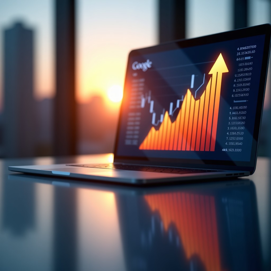 A professional high-tech visualization showing financial growth charts and a glowing Google logo in a modern corporate setting with a warm sunset light, 4:3