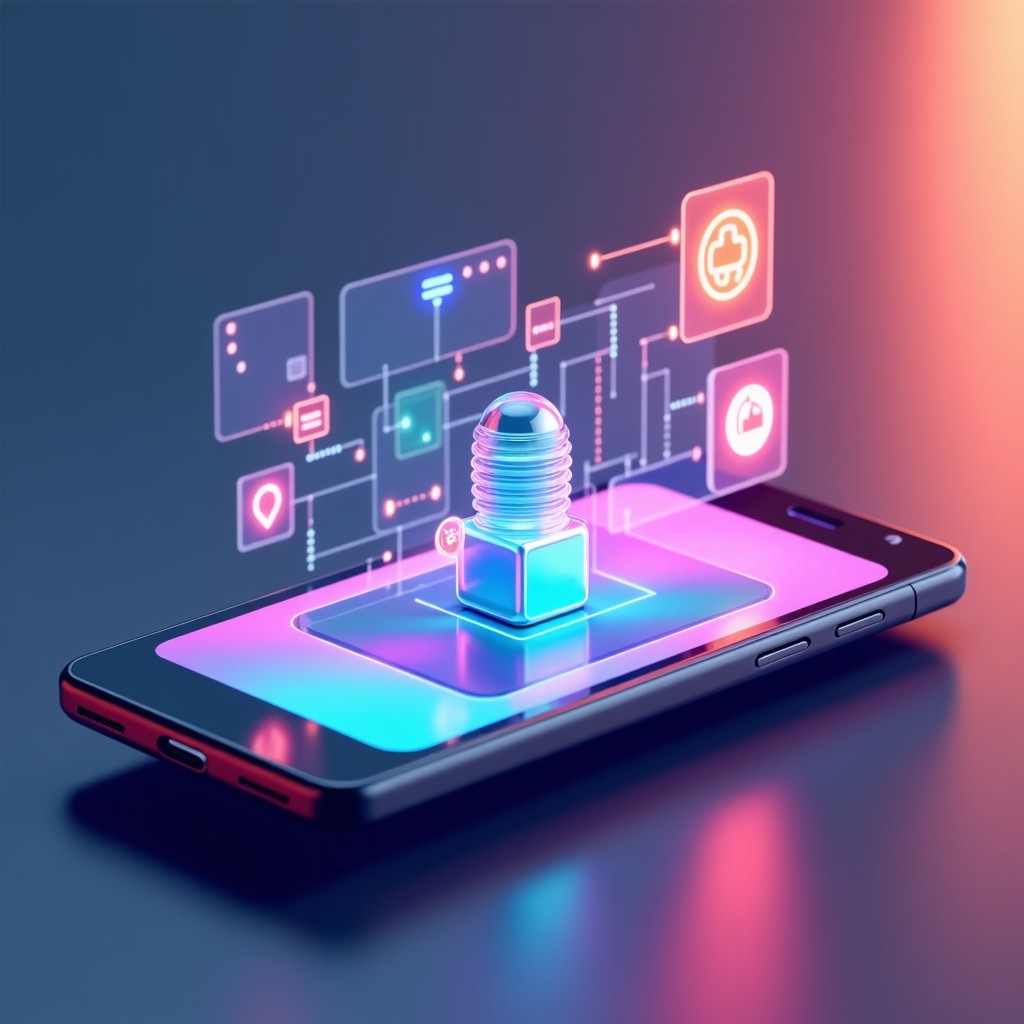 A sleek and modern digital interface showing an AI image generation process on a smartphone screen, vibrant colors, futuristic atmosphere, soft ambient lighting, high quality 3D render, 1:1