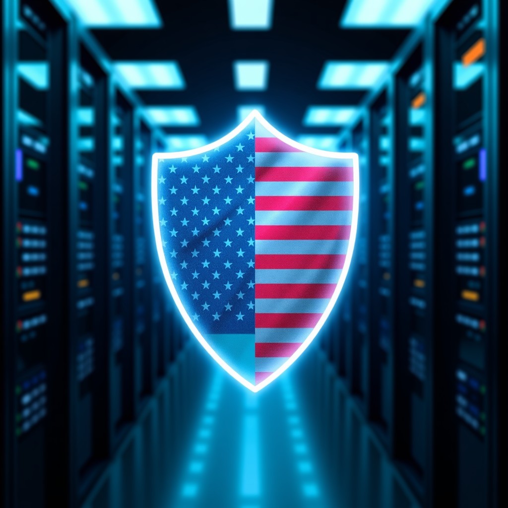 A high-tech digital shield protecting a server farm with a subtle American flag pattern overlaid. The scene is split with a holographic AI interface showing ethical code on one side and military tactical data on the other. Realistic professional photography style. 4:3