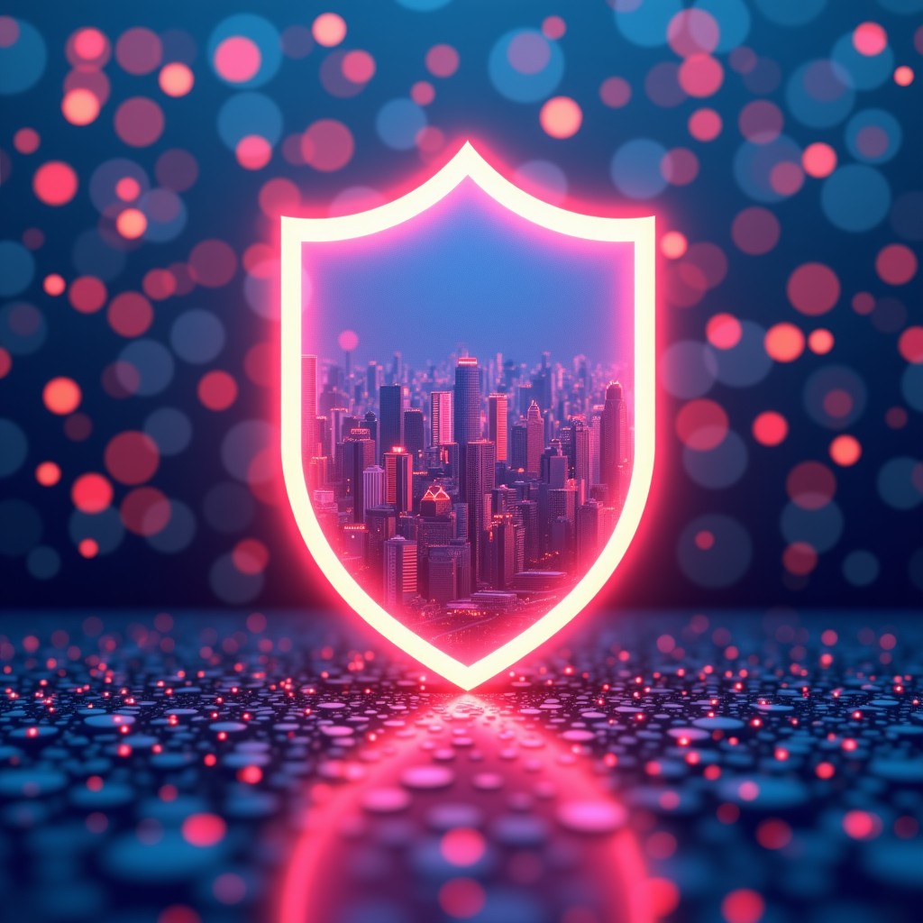 A digital shield protecting a city from a grid of surveillance cameras, vibrant colors, metaphorical representation of privacy and ethics, 1:1