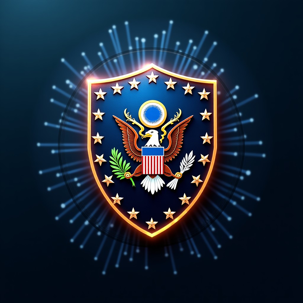A high-tech digital shield with a US government seal integrated into a complex neural network background representing national security and AI risk. Dark blue and gold color palette, cinematic lighting, professional digital art style. 4:3