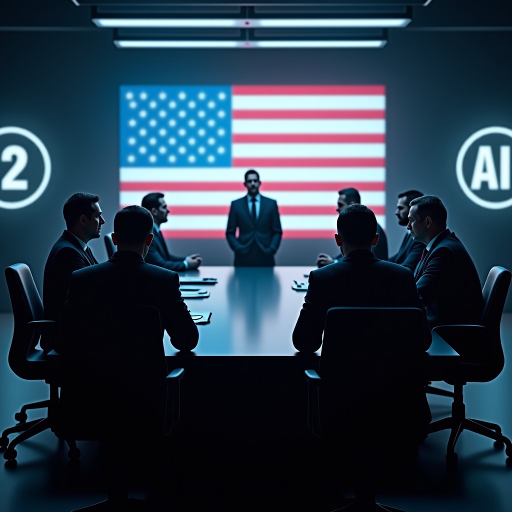 A high-stakes meeting between a tech CEO in a suit and high-ranking military officials in a dark modern briefing room with glowing holographic AI symbols and a large American flag in the background. cinematic lighting, 4:3