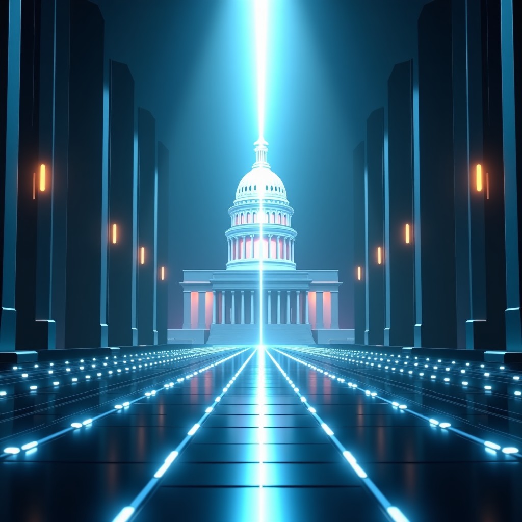 A conceptual illustration of a futuristic robotic interface and a classical government building divided by a sharp light beam. Cinematic lighting. 4:3