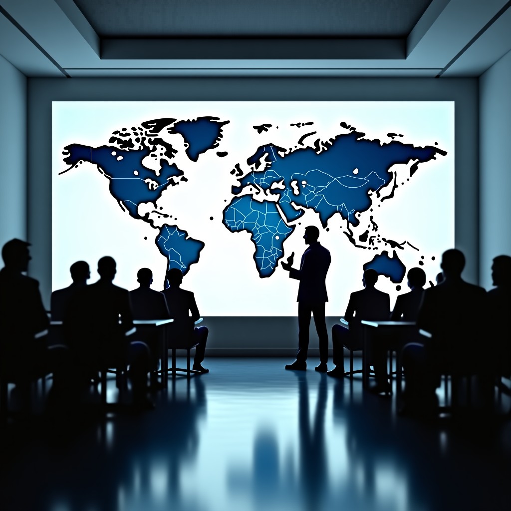 A clean, modern conference room with a world map graphic on the wall. Business professionals are analyzing data on digital screens, showing global expansion strategy concepts. High contrast, professional lighting, 1:1.