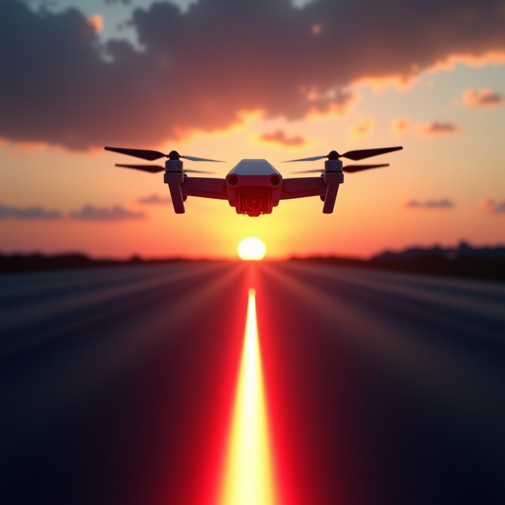 A symbolic representation of a glowing red line separating a high-tech military drone and a digital neural network icon. Cinematic atmosphere, sunset background, professional photography style. 4:3