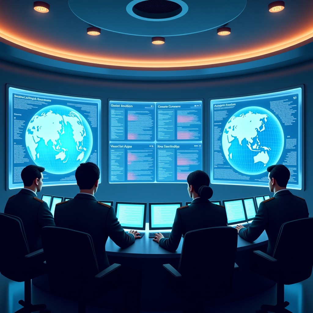 A high-tech military situation room where human officers are looking at large holographic displays. The AI interface shows data analysis while clearly waiting for human confirmation. The setting is professional and focused. 4:3