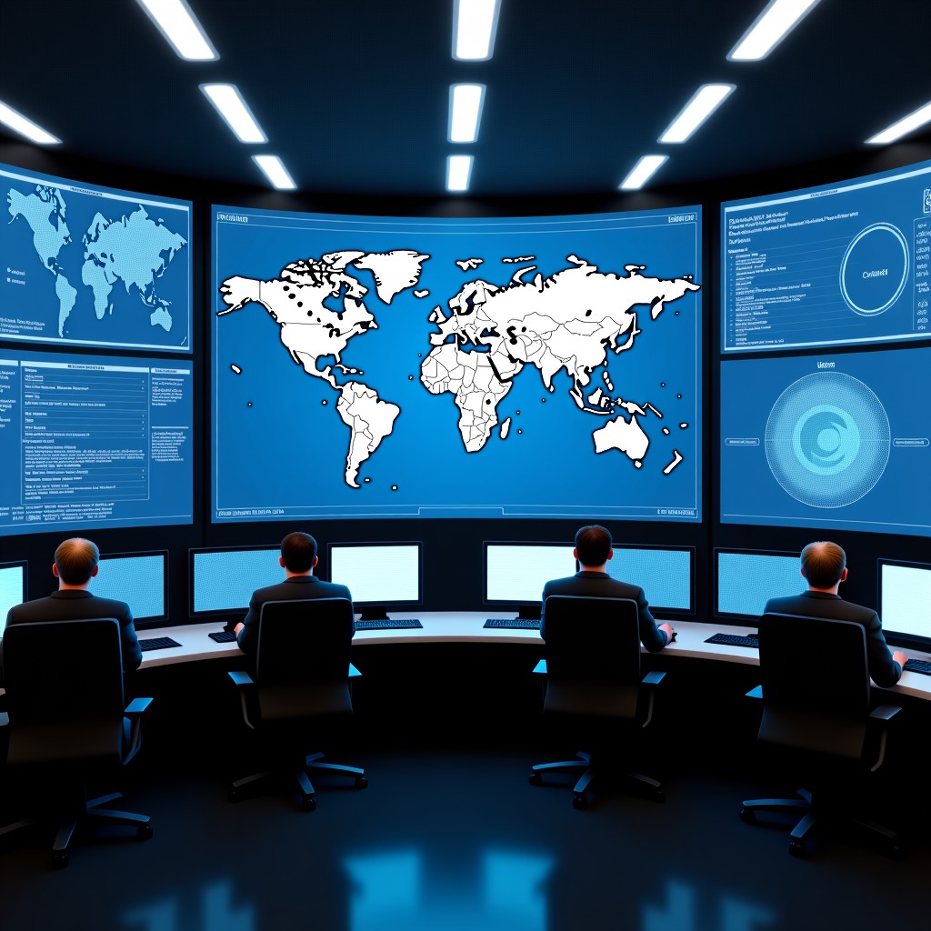 A high-tech military command center with multiple screens showing world maps and AI analytical data used for strategic decision making. 4:3
