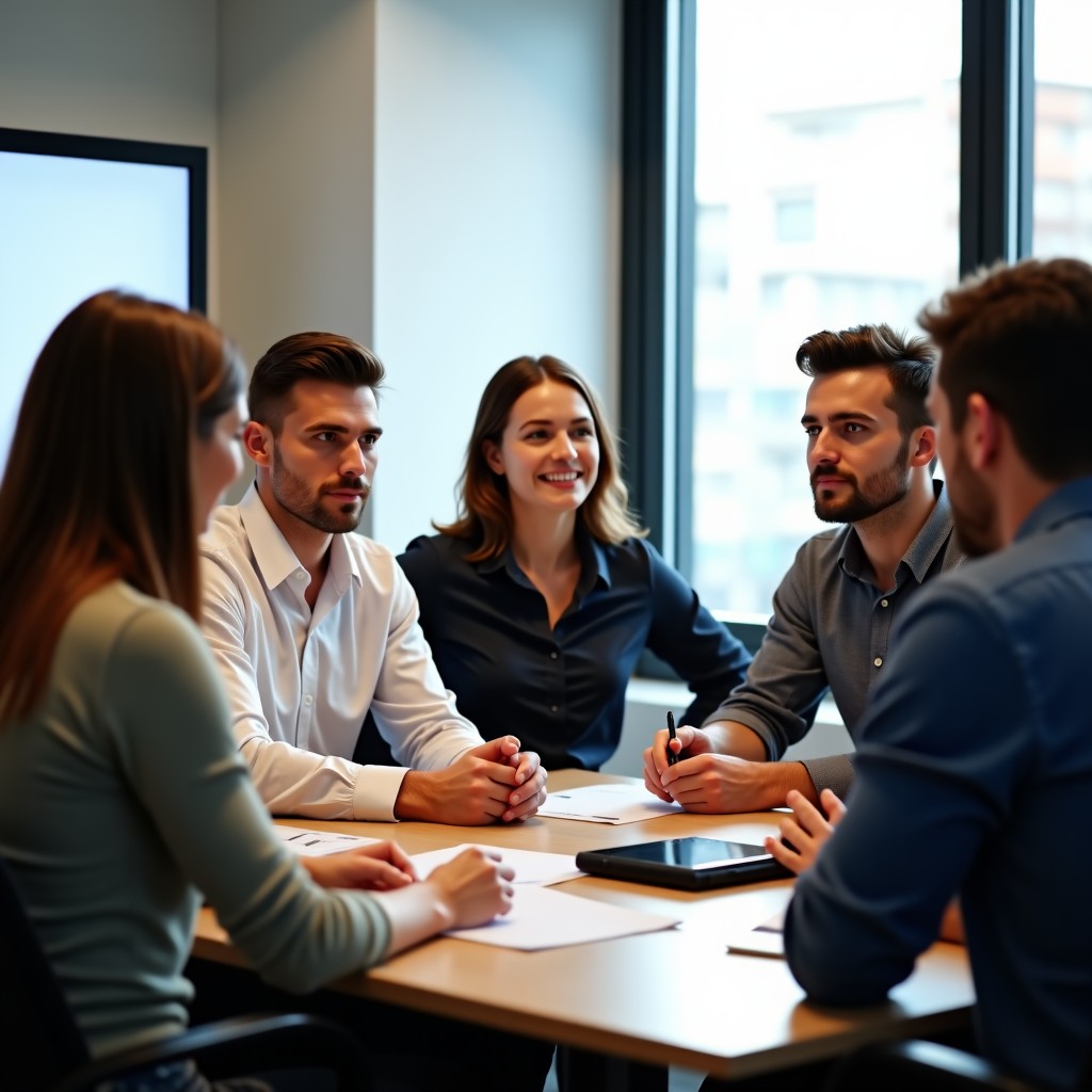 A diverse group of professional tech workers in a bright modern office sitting around a table discussing seriously, natural expressions, soft warm lighting, professional lifestyle photography, 1:1, NO TEXT