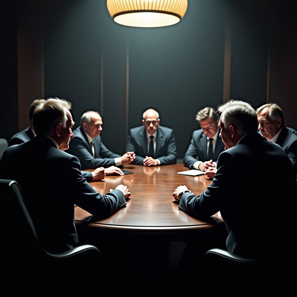 A group of wealthy and powerful men sitting around a large dark wooden table in a dimly lit, luxurious boardroom. Their faces are partially obscured by shadows, creating a mysterious and secretive atmosphere. Digital connection lines subtly glow in the air between them, symbolizing influence and hidden networks. Cinematic lighting, high contrast, 4:3.