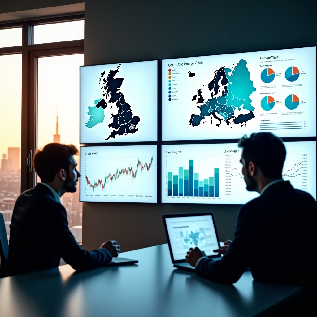 A modern office environment with large screens displaying energy grid analytics and maps of the UK, professional atmosphere, natural morning light, 1:1