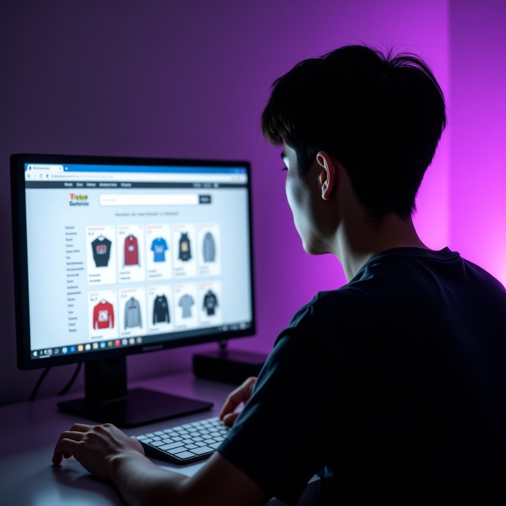 A Korean young man looking at a computer screen showing an Out of Stock message on an online store, dim room lighting with purple ambient glow, realistic photography, 4:3