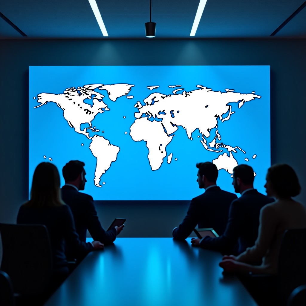 Modern high-end conference room with holographic world map, silhouettes of experts discussing global technology policy, bright and professional atmosphere, 4:3