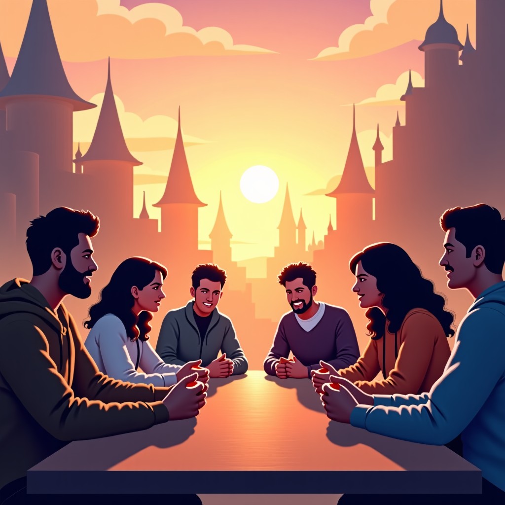 A diverse group of people from different backgrounds playing games together in a shared virtual space. Soft and warm sunset lighting. The environment is rich with artistic details and imaginative architecture. A feeling of community and joy is emphasized. High quality digital painting style. 4:3