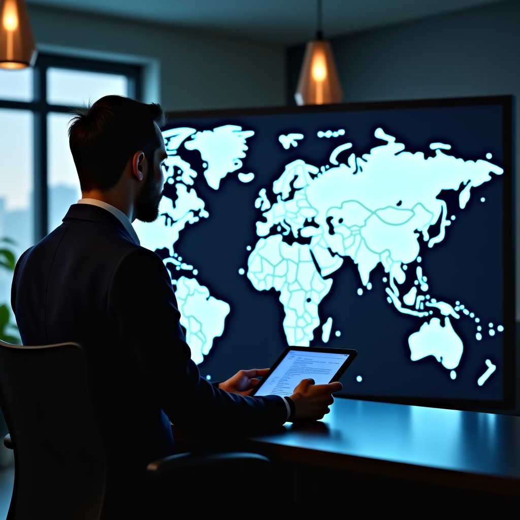 A professional business leader in a high-end office looking at a digital world map showing supply chain routes between USA and Asia, cinematic lighting, sophisticated atmosphere, 4:3