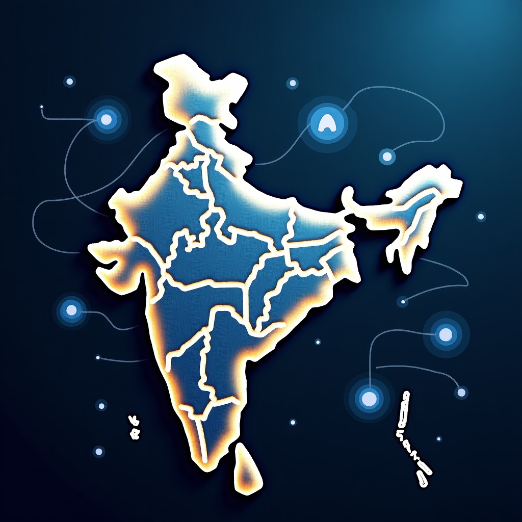A conceptual illustration showing a digital map of India with nodes connecting to global networks and AI icons. Blue and gold tones, textured background, high contrast, 4:3